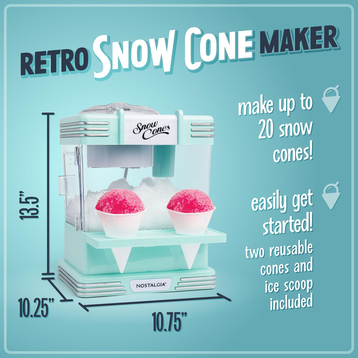 Nostalgia snow cone machine with two reusable cups and ice scoop for easy serving