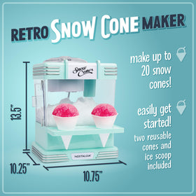 Nostalgia snow cone machine with two reusable cups and ice scoop for easy serving