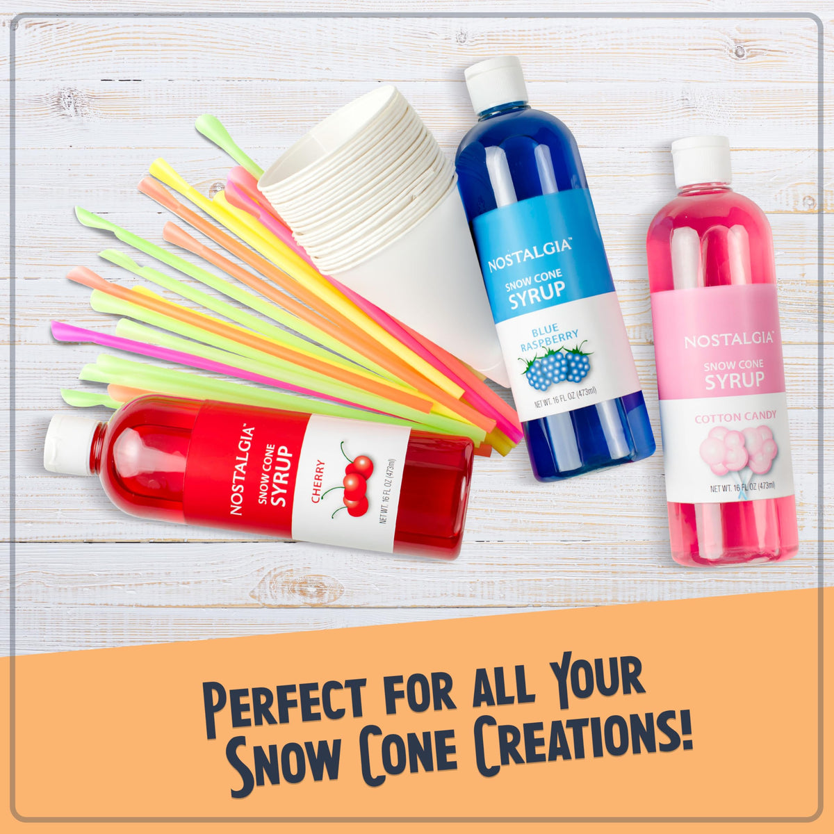 Two reusable cups included with Nostalgia snow cone machine