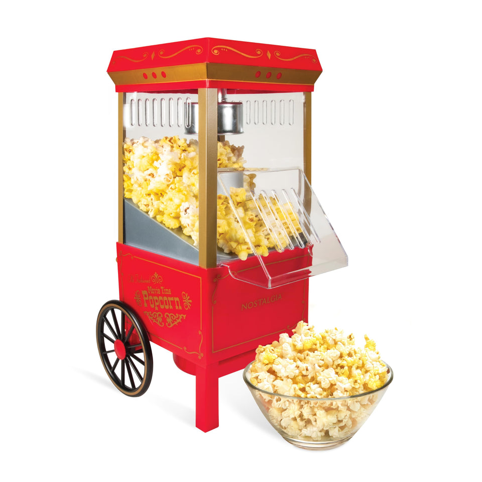 Nostalgia vintage hot-air popcorn maker red front view highlighting oil-free popcorn.