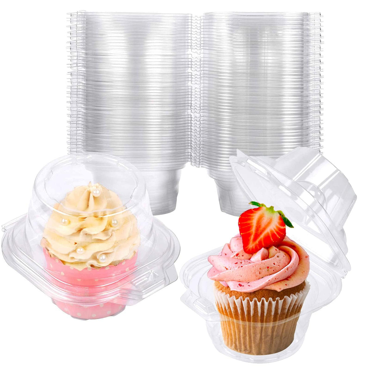 NPLUX cupcake container with deep dome lid shows secure stackable design for transport.