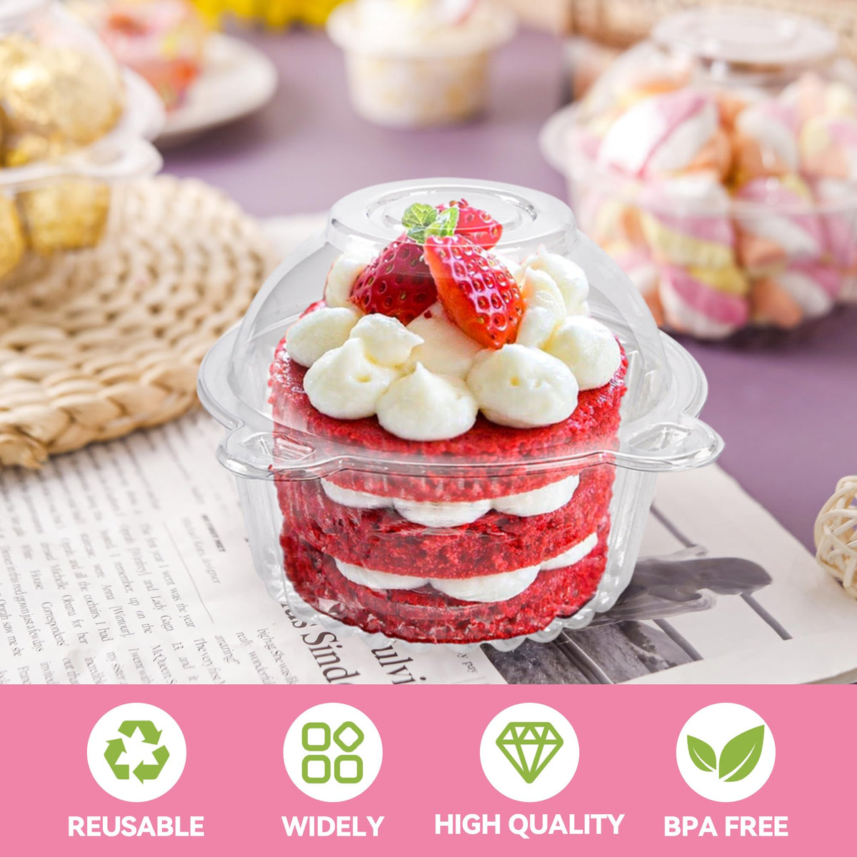 NPLUX cupcake container bottom diameter 3.3 inches accommodates tall cupcakes.