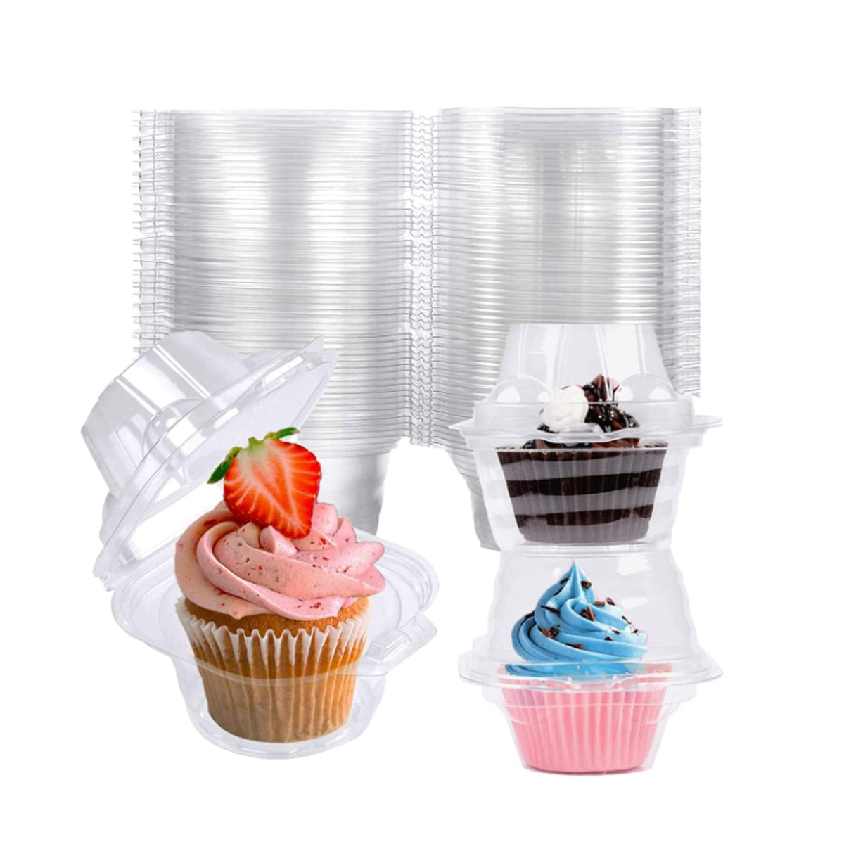 NPLUX deep dome cupcake box highlighting stackable, secure transport.