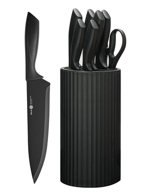 NULAS 8-piece knife set displayed in universal block for versatile meal prep.