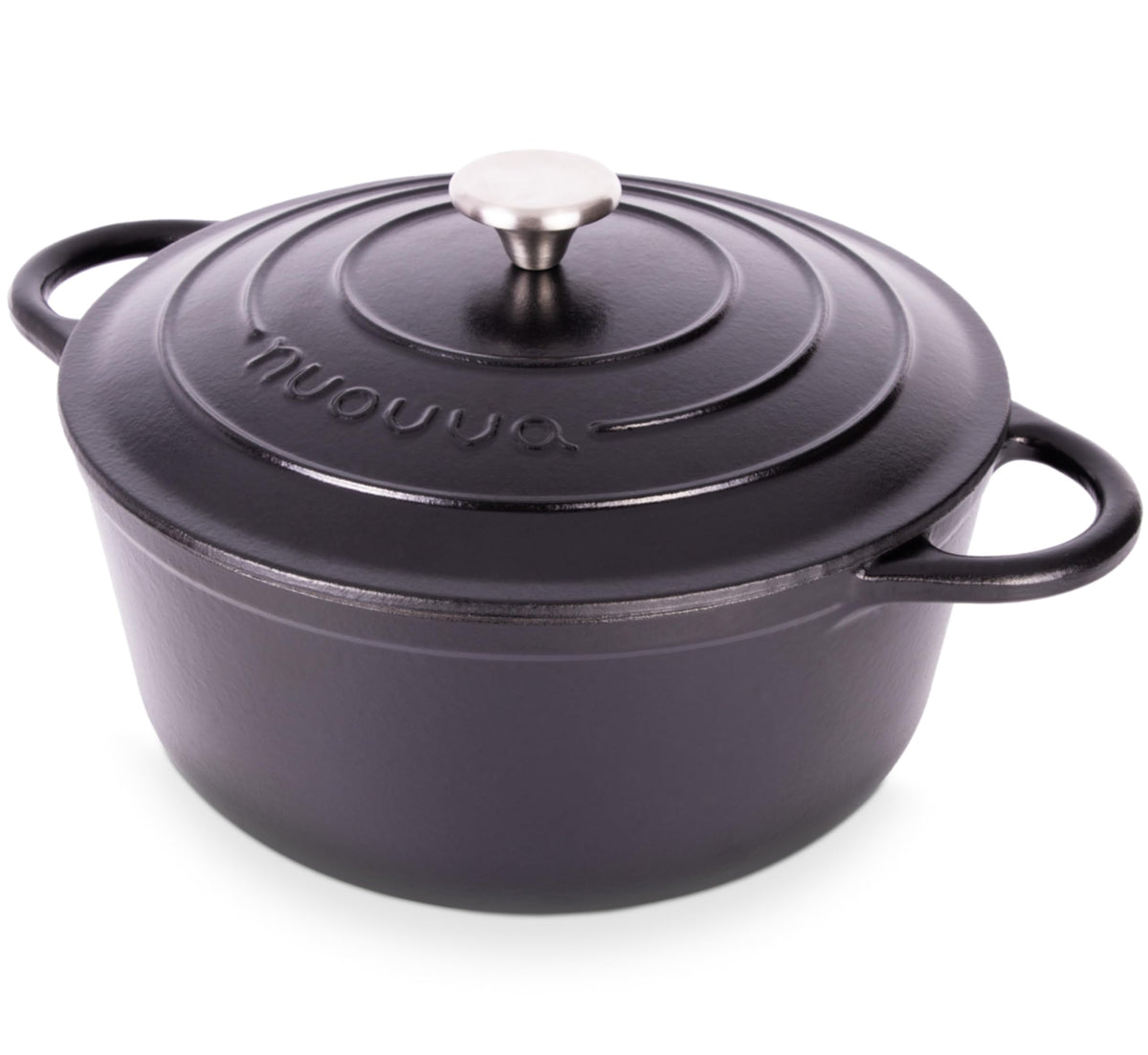 Nuovva enamelled cast iron dutch oven on stove showing even heat distribution for searing