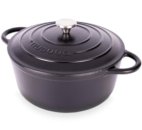 Nuovva enamelled cast iron dutch oven on stove showing even heat distribution for searing