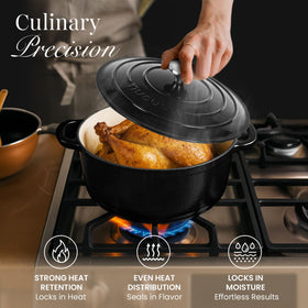 Nuovva dutch oven on table ready to serve hearty stew