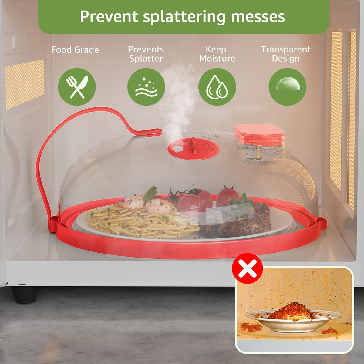 Clear splatter guard lid showing steam release to keep microwave clean