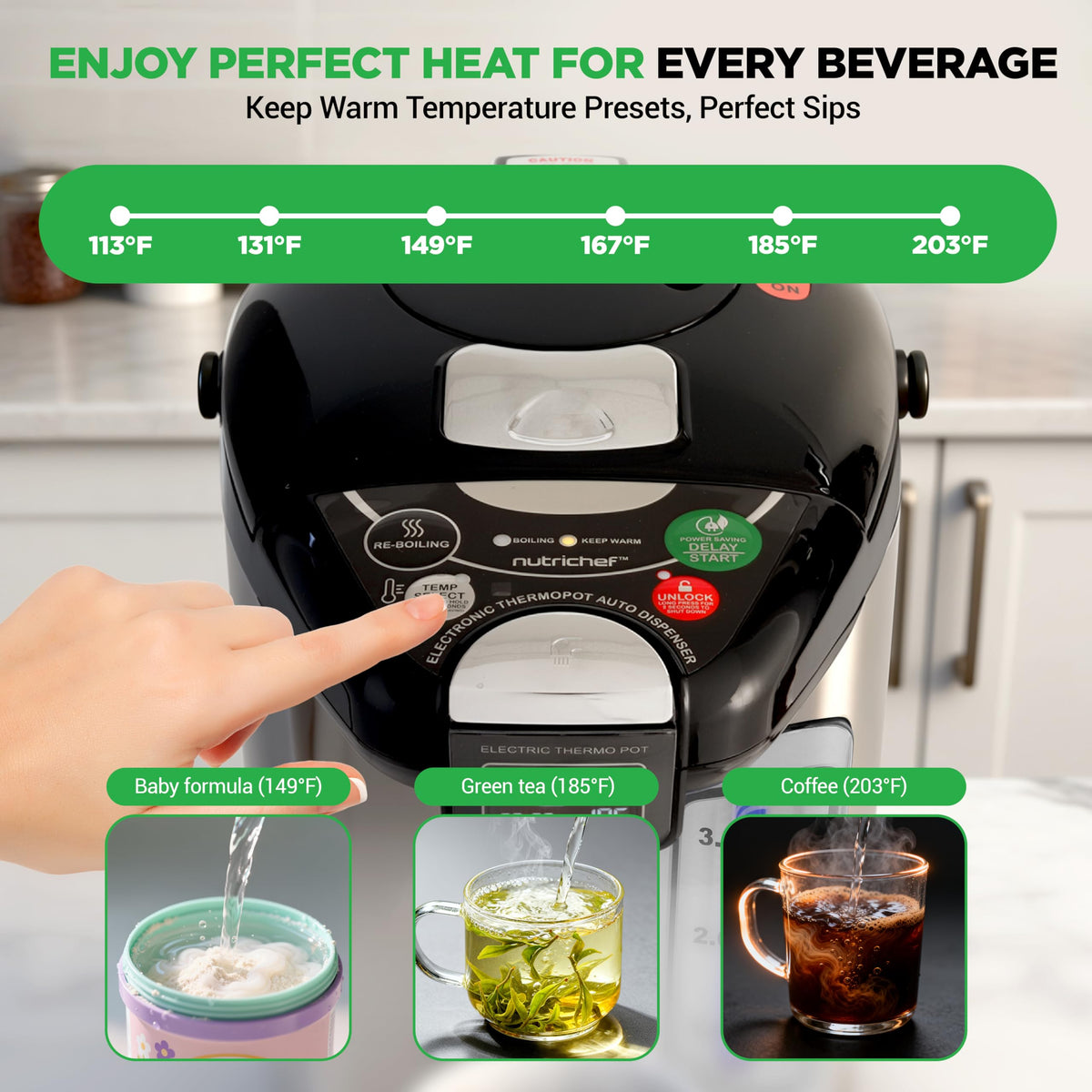 NutriChef digital water boiler LED dispense light improves visibility during dispensing