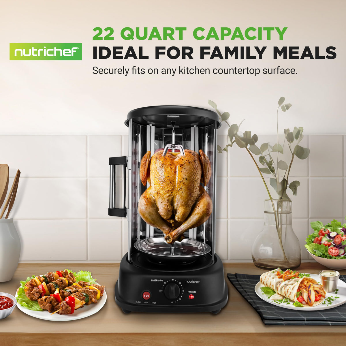NutriChef shawarma oven with heat-resistant glass door for safe monitoring