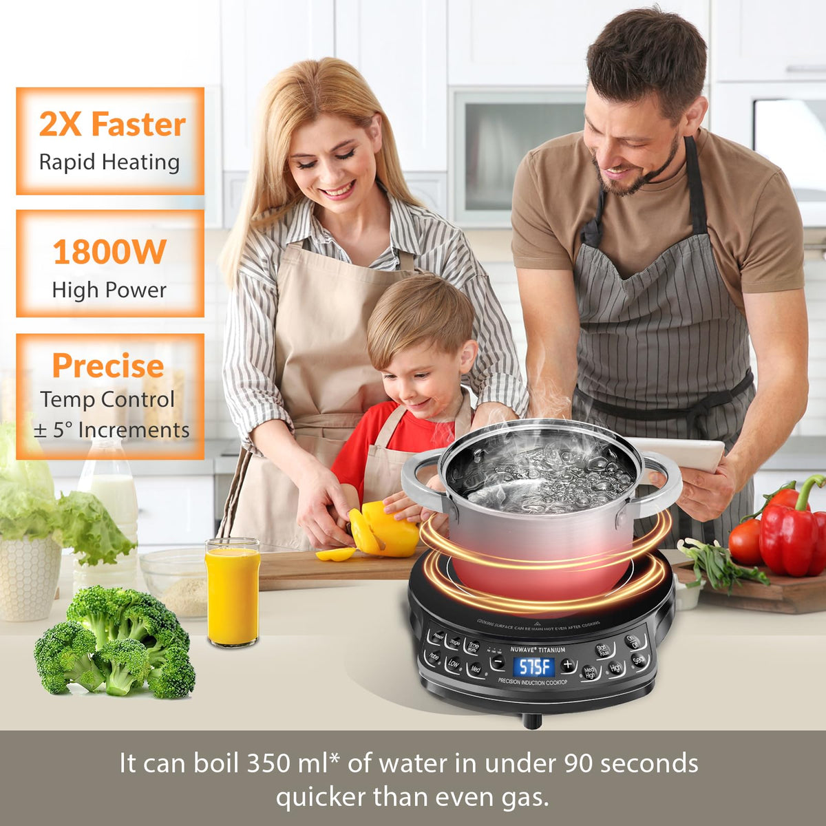 Nuwave induction cooktop pre-set temperatures simplify cooking with quick selections.