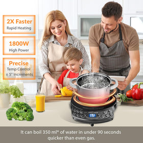 Nuwave induction cooktop pre-set temperatures simplify cooking with quick selections.