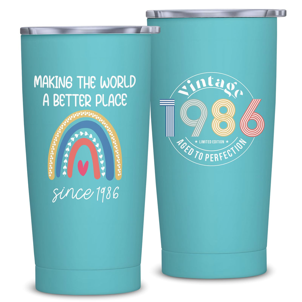 NVFCC 40th birthday tumbler with 1986 theme keeps beverages at ideal temperature