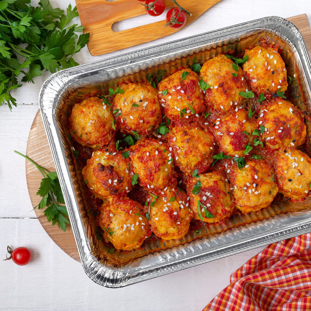 NYHI half-size aluminum pans for convenient bake-and-serve catering.
