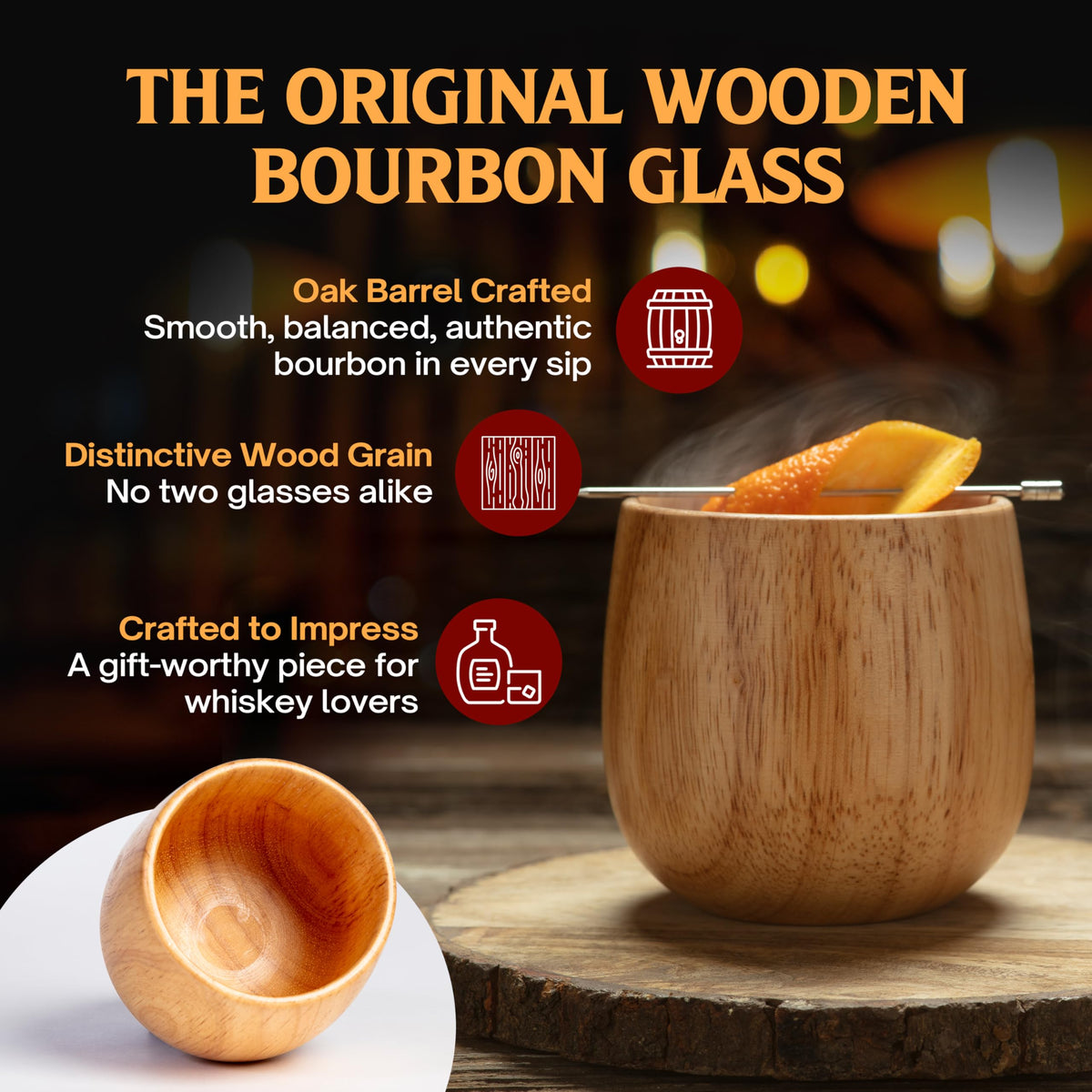 Oaksip wooden bourbon glass side view showcasing durable finish for long-lasting moments