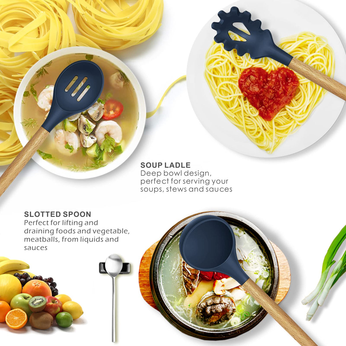 Oannao silicone ladle with wooden handle provides comfortable grip for soups