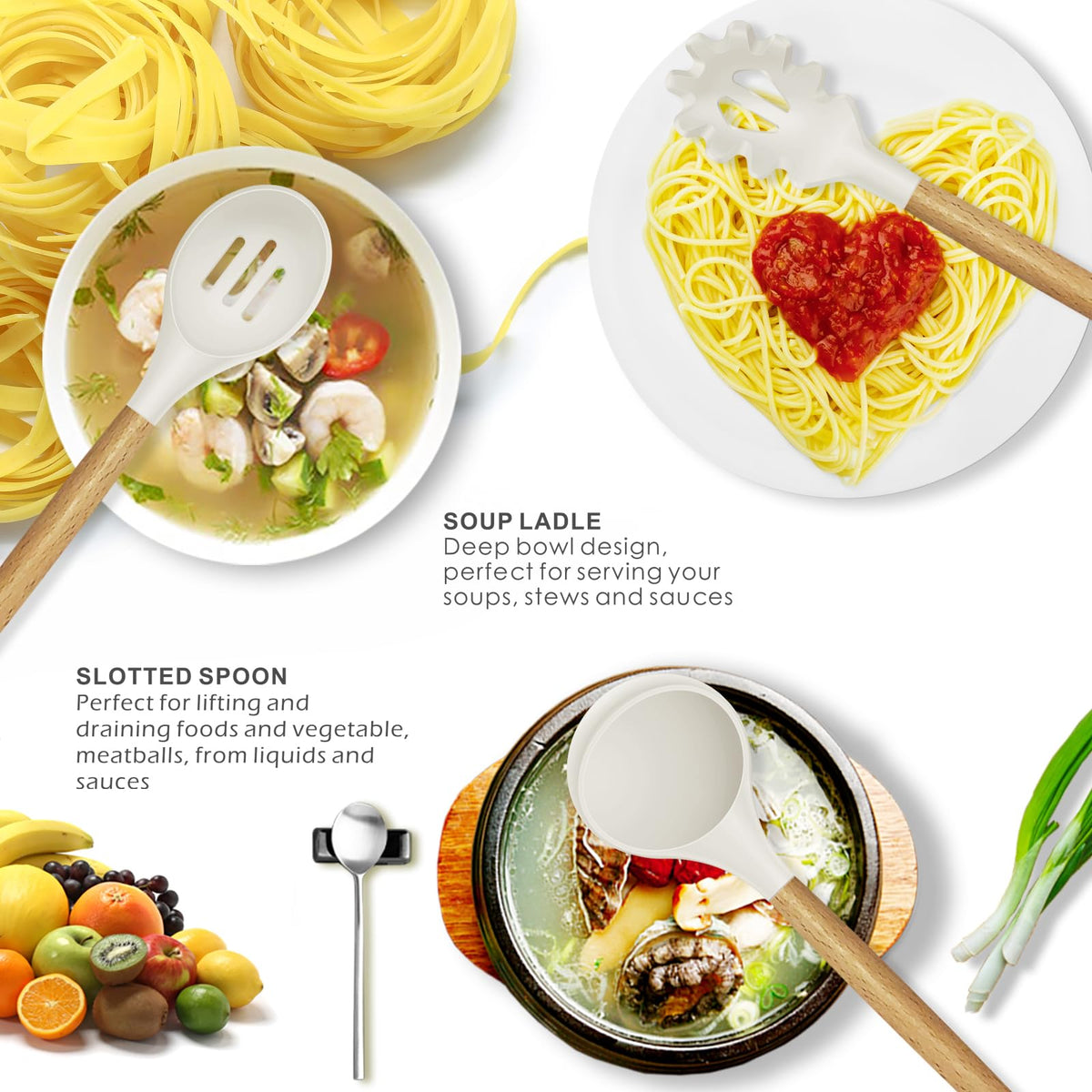 oannao silicone utensils wooden-handled design for comfortable grip and long-lasting use.