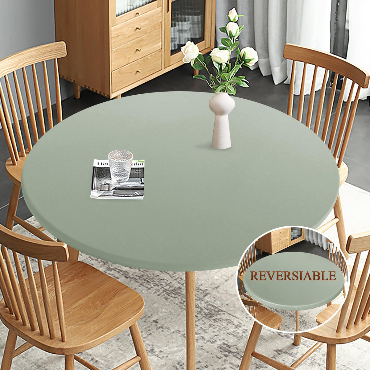 Obstal fitted round table cloth showing elastic edge for a secure, clip-free fit.