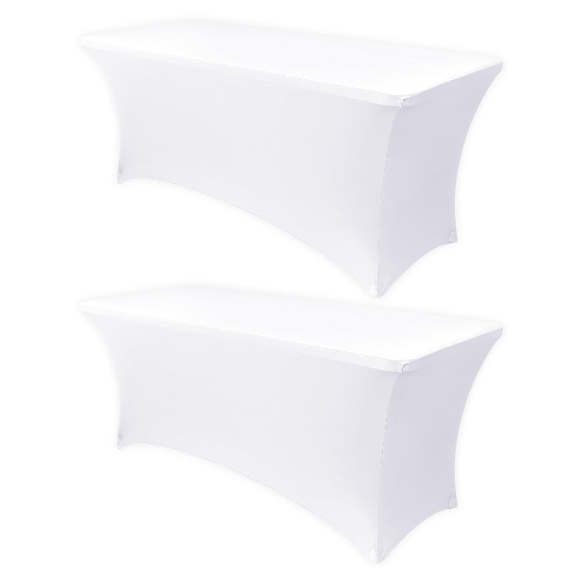 Obstal 8ft white stretch table cover on a folding table showing a snug fit and smooth drape.