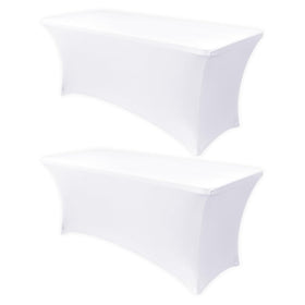 Obstal 8ft white stretch table cover on a folding table showing a snug fit and smooth drape.