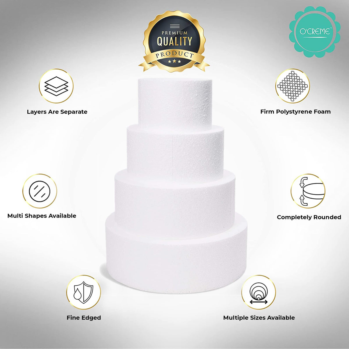 O'CREME dense foam dummy provides sturdy support for tall decorative cakes.