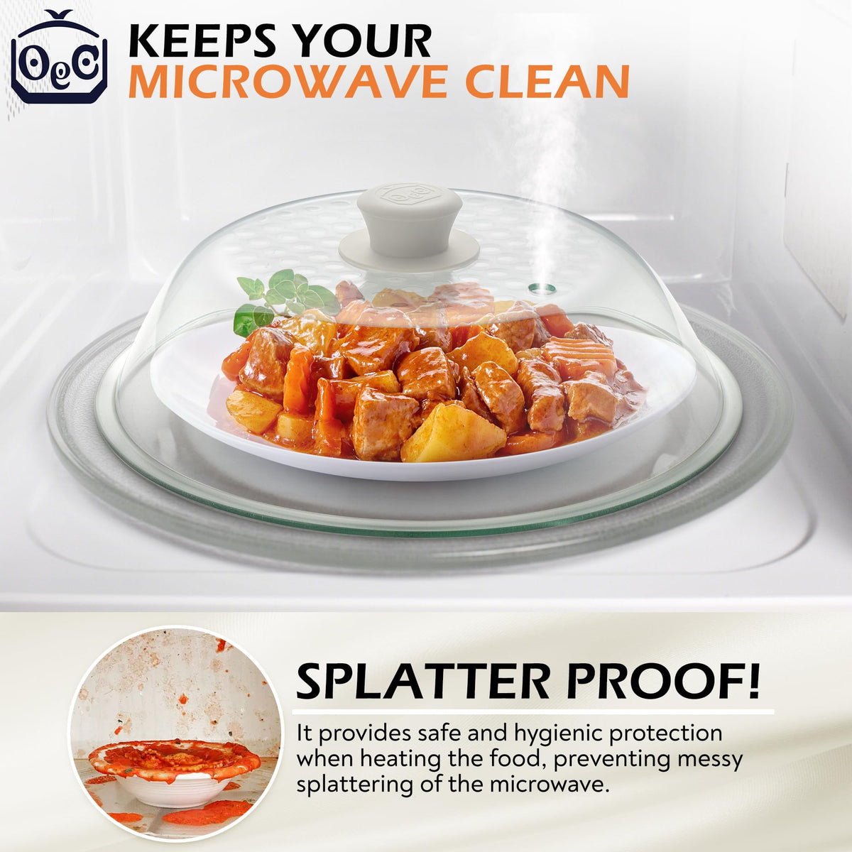 OEC 10-inch size fits small bowls for mess-free reheating