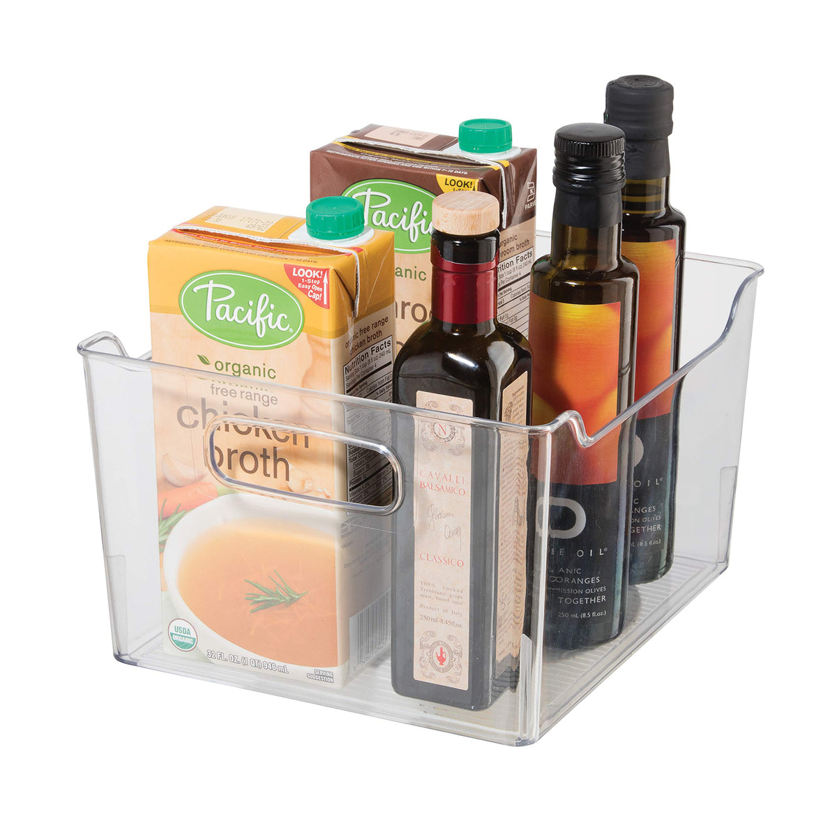 Oggi clear pantry bin with handles on a shelf for easy access