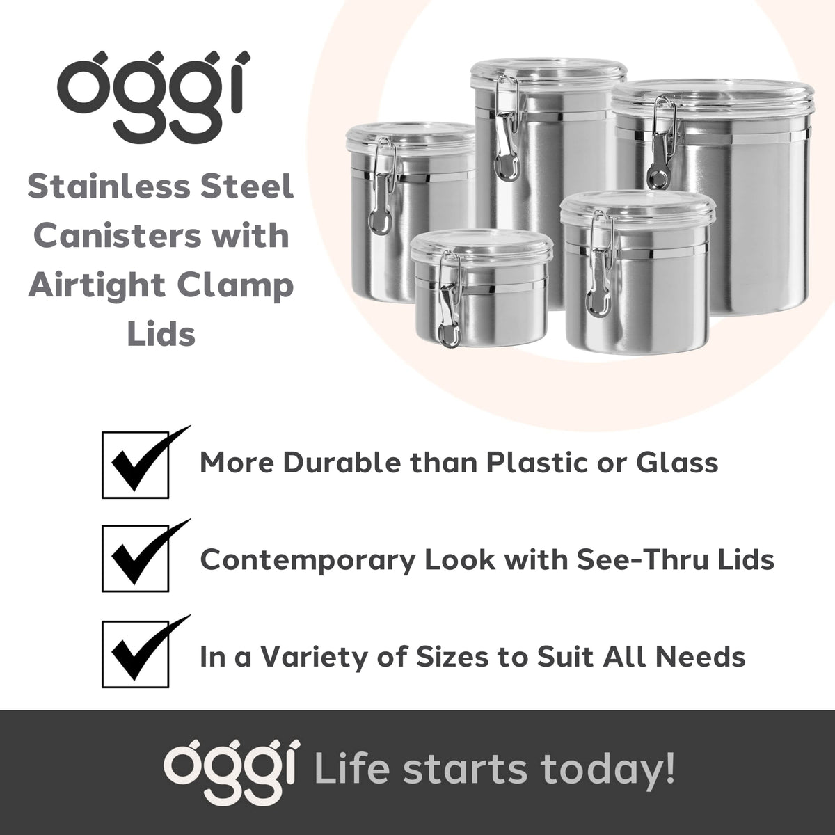 Oggi jumbo canisters on modern kitchen shelf convey durability and style.