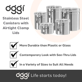 Oggi jumbo canisters on modern kitchen shelf convey durability and style.