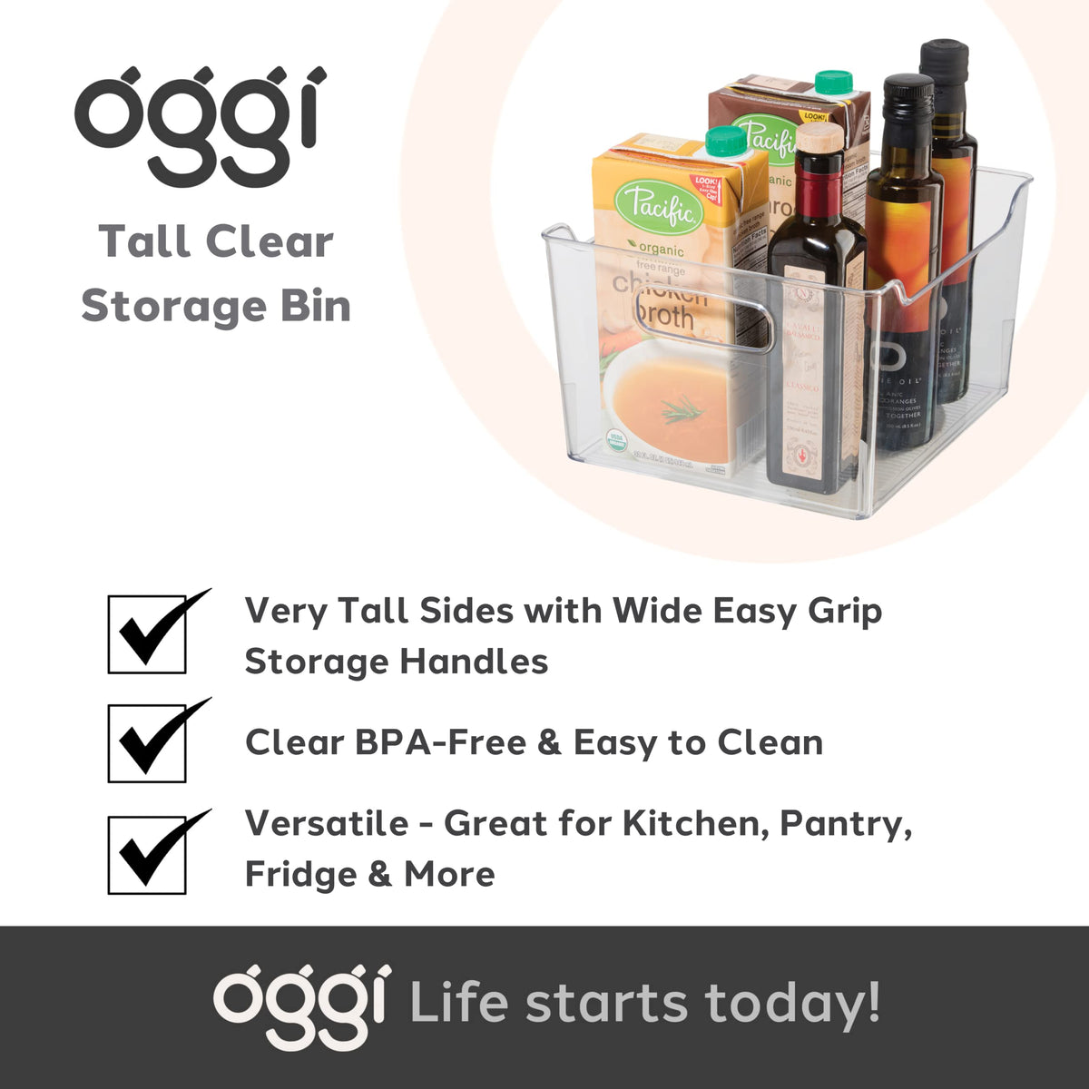 Oggi kitchen storage bin visible contents enhances shopping and meal prep planning