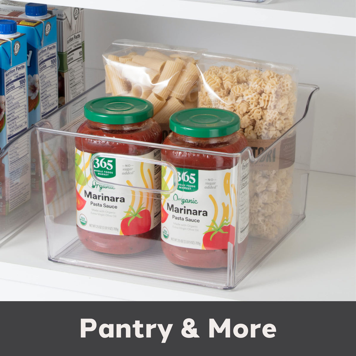 Oggi stackable bin with tall side walls fits taller items neatly
