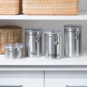 Oggi canister beside coffee maker on counter creates barista-style setup.