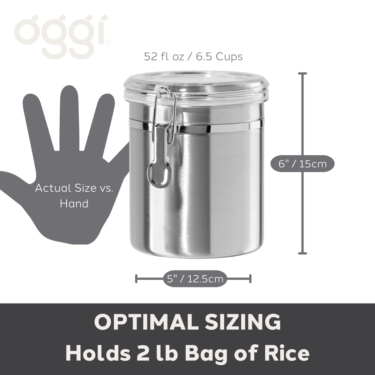 Oggi canister on kitchen counter with grains demonstrates bulk storage convenience.