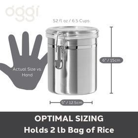 Oggi canister on kitchen counter with grains demonstrates bulk storage convenience.