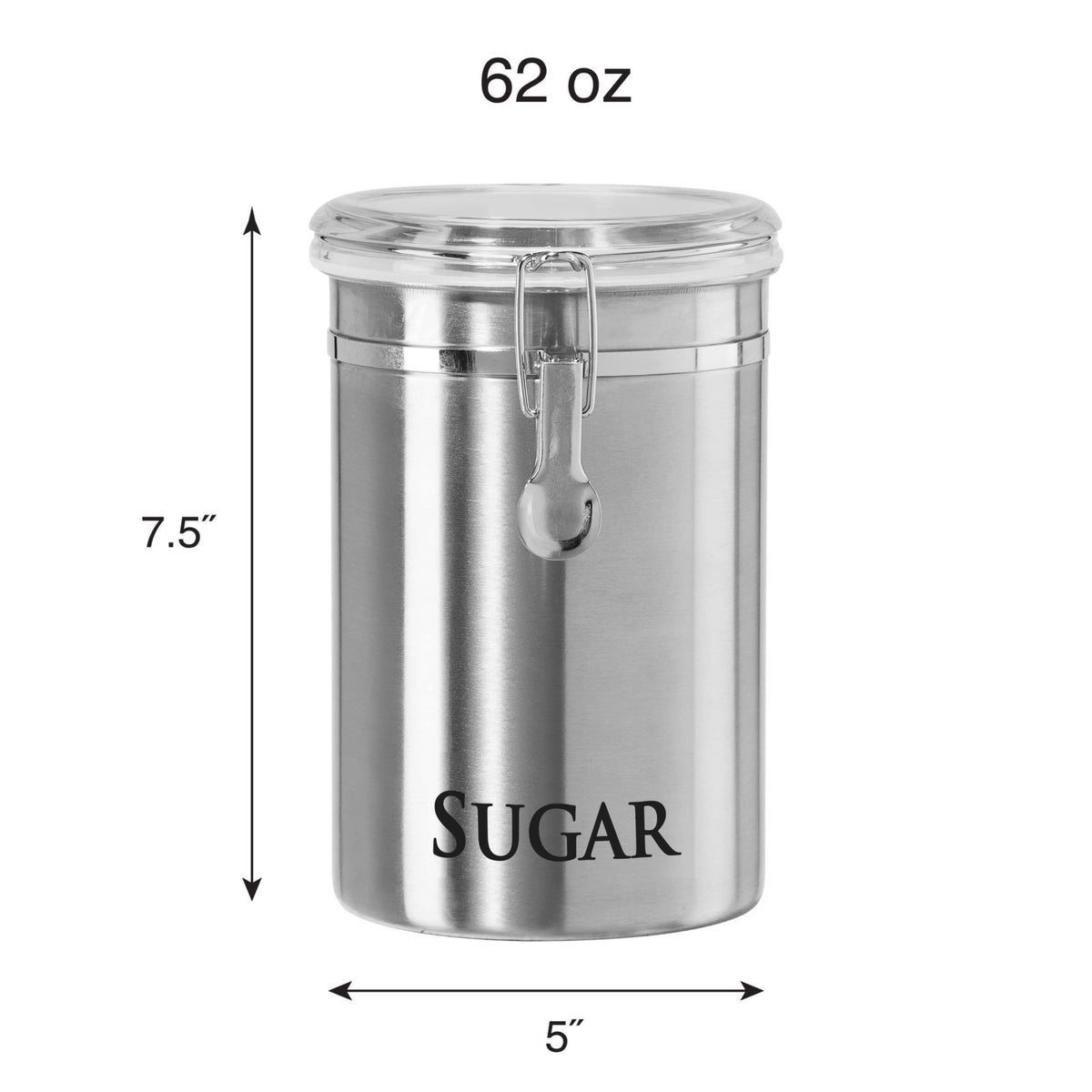 Oggi stainless steel sugar container shows contents through the clear top for quick access.