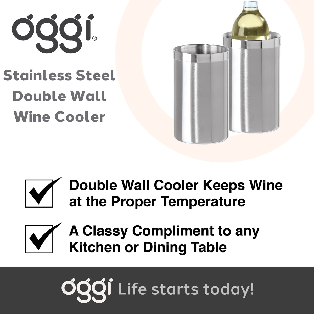 OGGI wine cooler accommodates a standard bottle for easy setup.