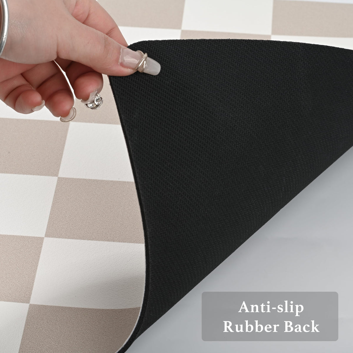 Ohocut beige 16x24 checkered drying mat blends with countertops.
