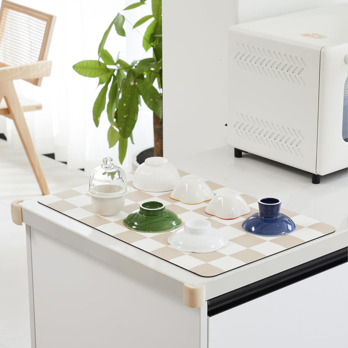 Ohocut colorful checkered design brightens kitchen counters and coffee bars.