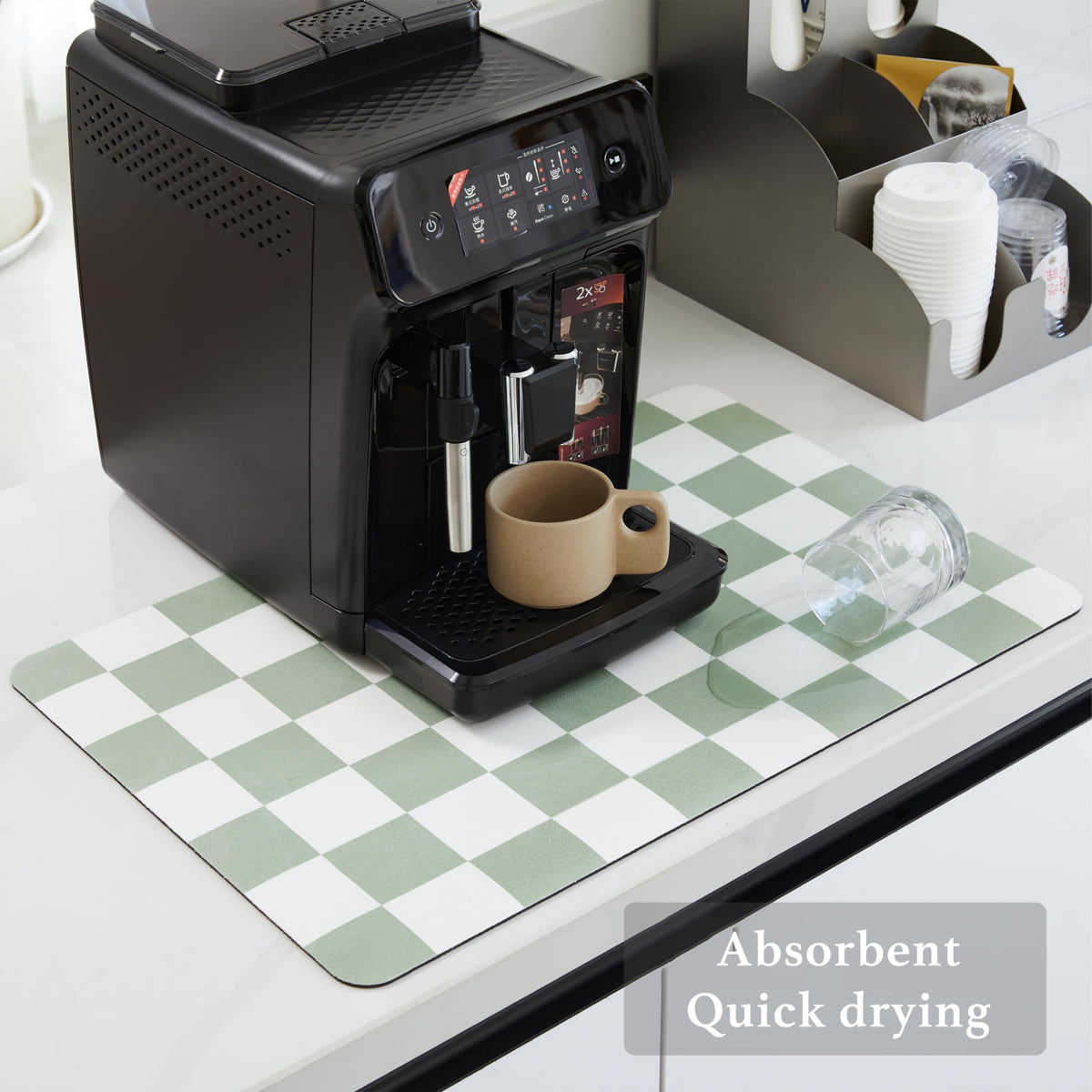 Ohocut checkered drying mat in sage at coffee bar with cups and spill area