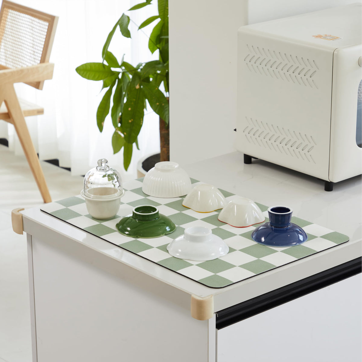 Ohocut sage checkered mat on counter setup for coffee bar use