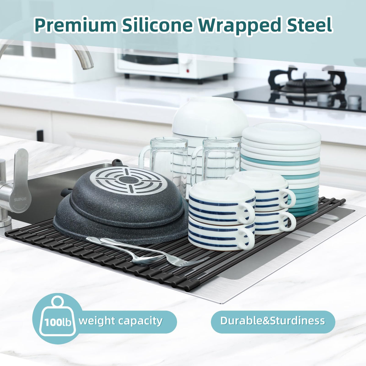 Ohuhu roll-up rack maximizes counter space after drying.