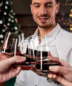 OJA stemless wine glasses on a stylish table setting for entertaining.
