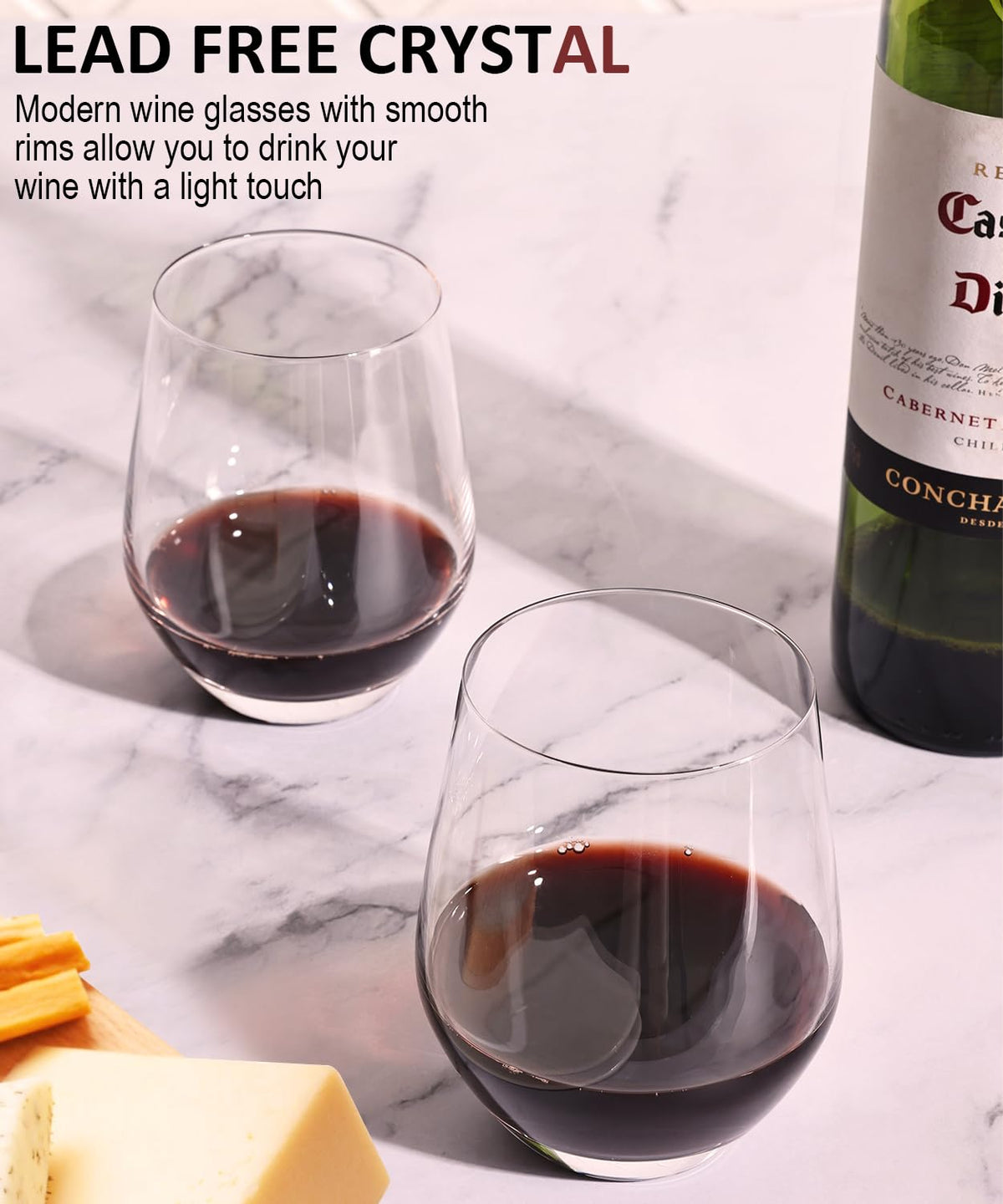 OJA sturdy-base stemless wine glasses designed for stable table moments.