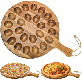Okllen 24-holes deviled egg platter top view shows organized serving with rustic acacia wood