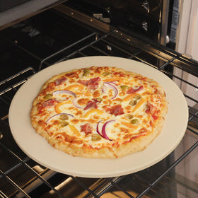 Old Stone Round Pizza Stone 16-Inch crust close-up highlighting even browning.