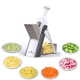 ONCE FOR ALL safe mandoline slicer front view, compact gray design for quick prep