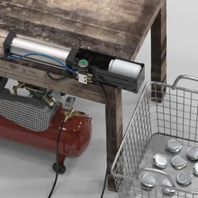 ONCUPID pneumatic can crusher side view with bench mount option