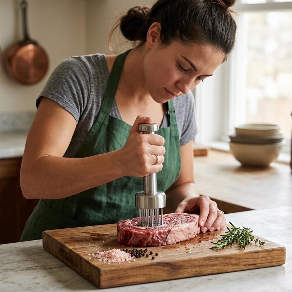 One Source Unlimited easy-clean kitchen tool to prep meat for grilling and roasting.