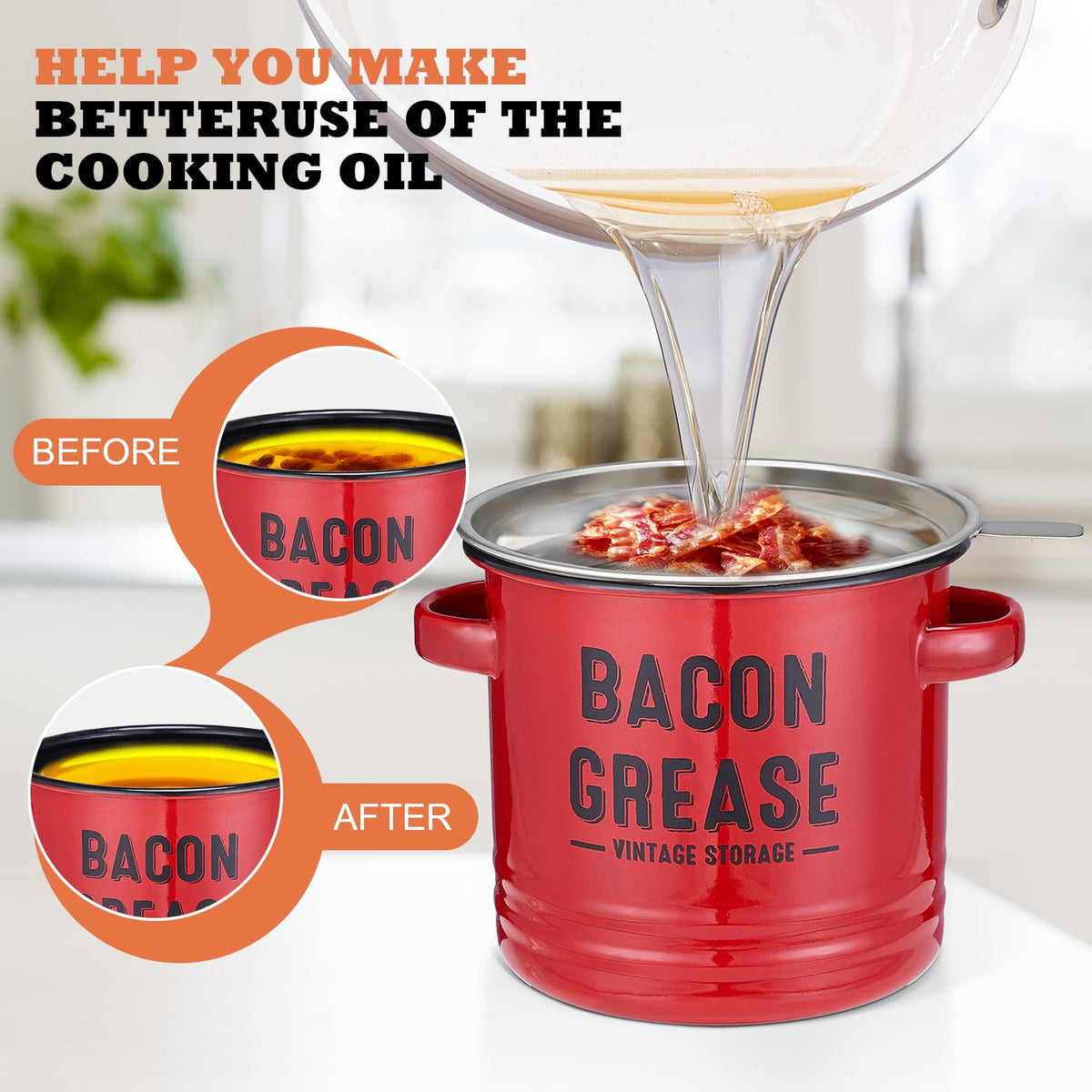 ONEARF 46oz grease can ready for everyday use in a busy kitchen.