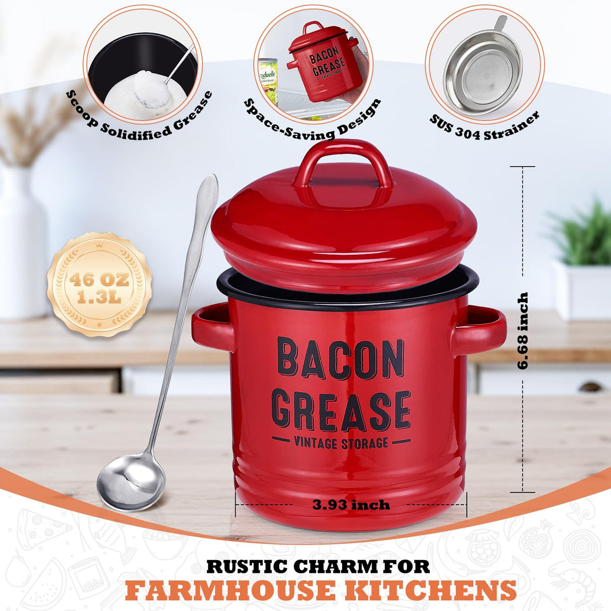 ONEARF farmhouse style grease keeper adds charm to your countertop.